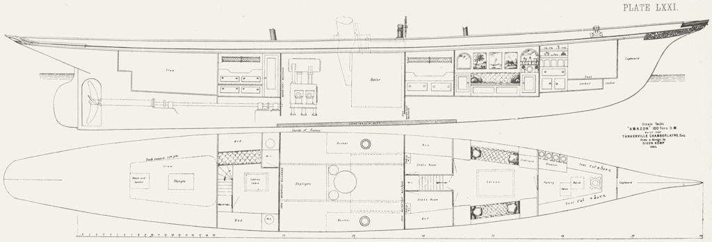 STEAM YACHT CABIN PLAN. 'Amazon', Chamberlayne 1891 old antique print picture